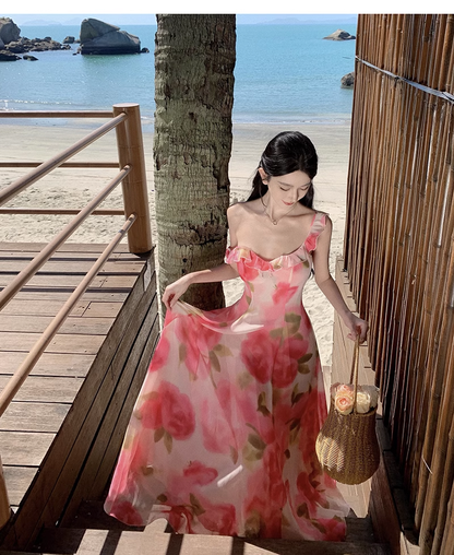 New Simple Pink Floral Design A-Line Beach Holiday Spaghetti Strap Dress HZ1024