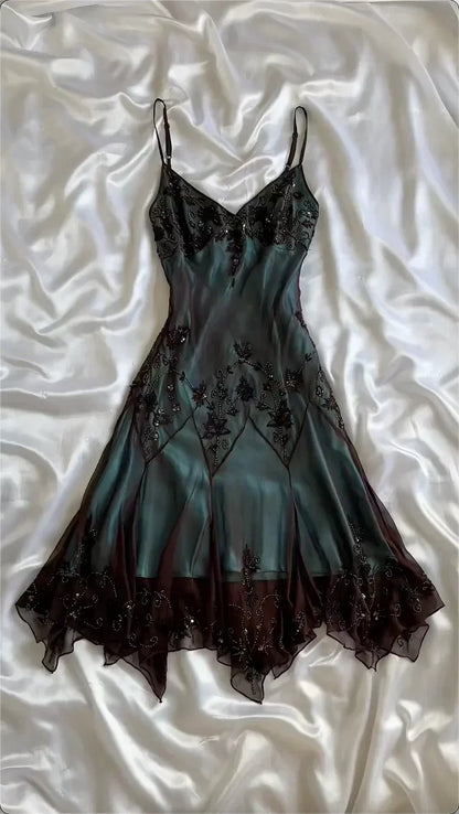 Vintage Dark Green Beaded Embroidery Prom Dress Sheath V-neck Evening Dress Formal Dress HZ1024