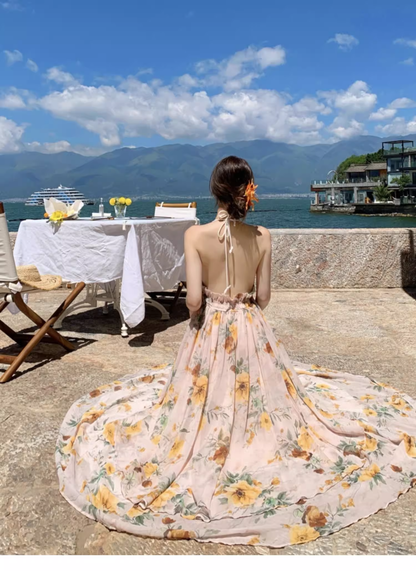 New Fashion Floral V-neck Design Elegant Beach Holiday A-line Sleeveless Halter Dress Summer HZ1024