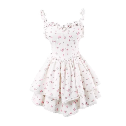 New Fashion Pink Floral Design A-line Sleeveless Spaghetti Strap Tiered Dress HZ1024