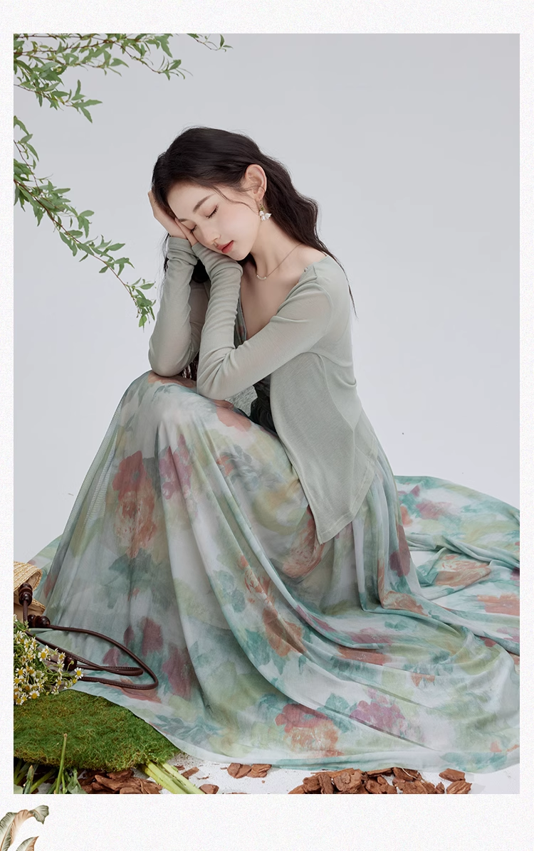 Vintage Fashion Floral Print Design Long-sleeved Cardigan A-line Long Spaghetti Strap Dress HZ1024