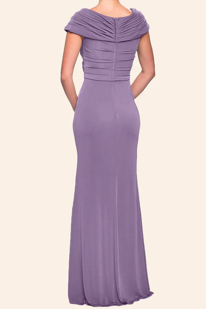 Sheath Cap Sleeves V neck Long Mother of the Brides Dress