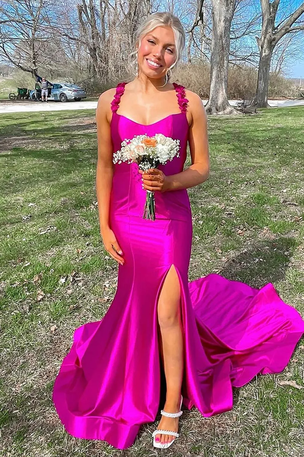 Red Straps Mermaid Satin Side Slit Long Prom Dress with Train