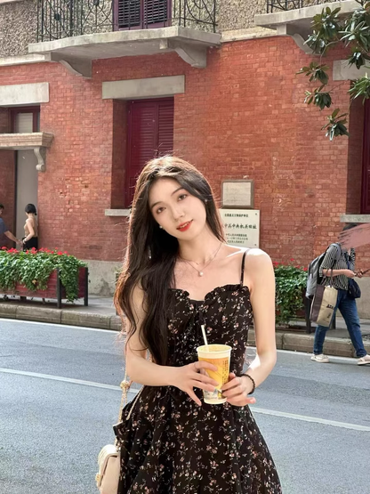 New Fashion Floral Design A-line Black High-waist Sleeveless Spaghetti Strap Dress HZ1024