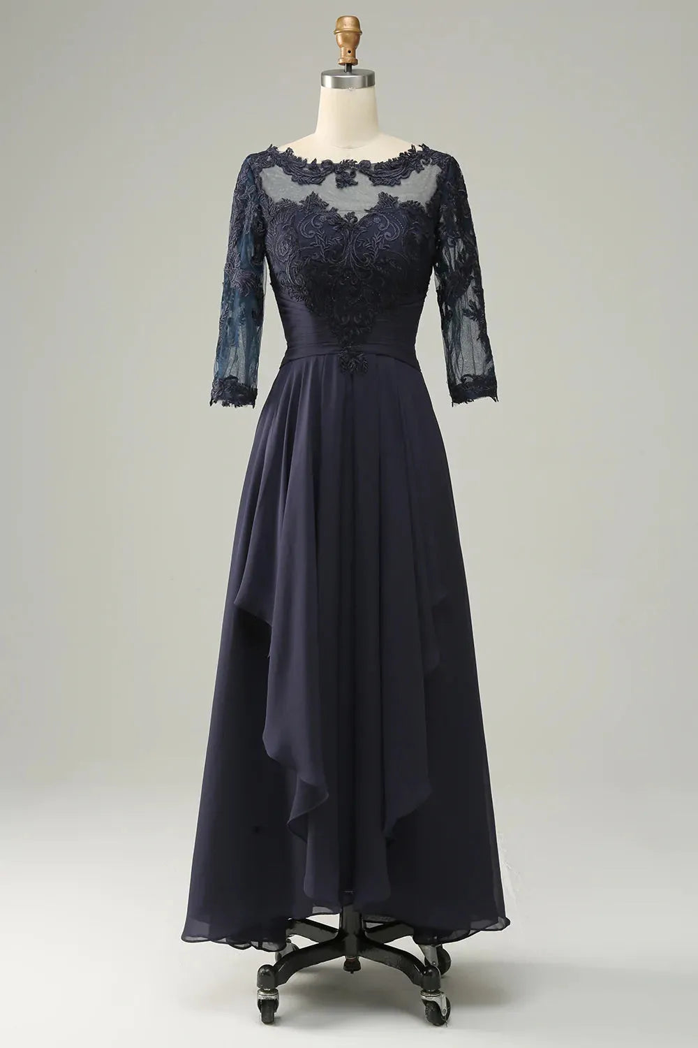 Asymmetric navy blue long sleeved bridal mother dress