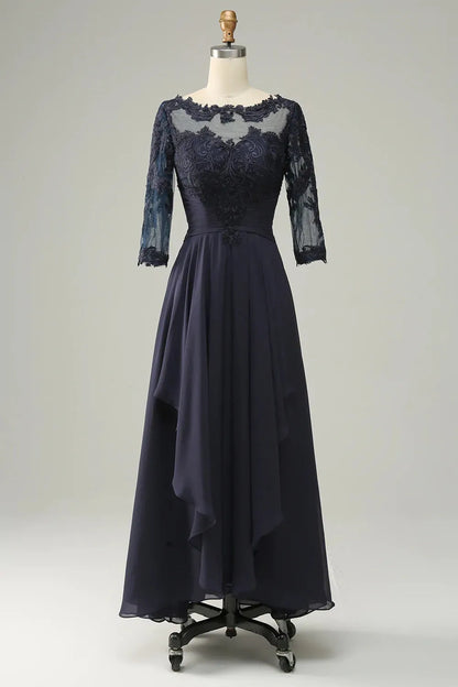 Asymmetric navy blue long sleeved bridal mother dress