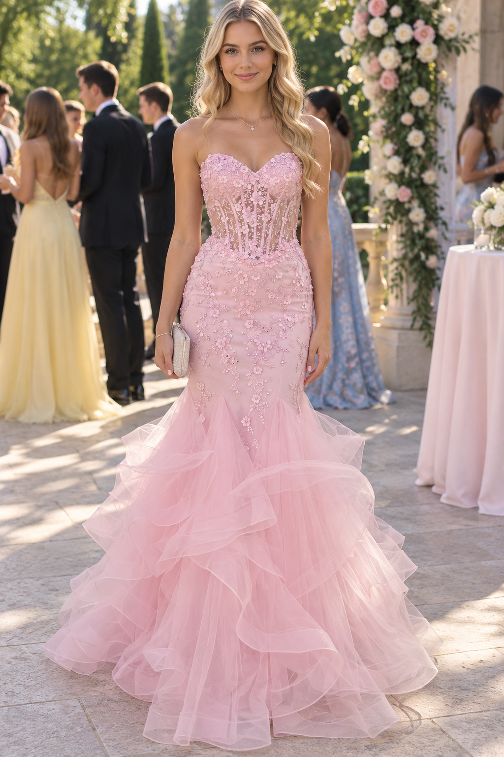 Pink Strapless Sleeveless Appliques Mermaid Ruffles Long Prom Dress