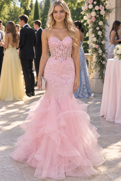 Pink Strapless Sleeveless Appliques Mermaid Ruffles Long Prom Dress