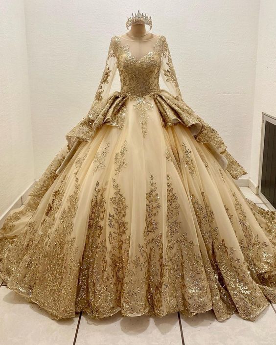Gorgeous Glittering Golden Beaded Sweet 16 Quinceanera A-Line Floor-length Prom Dress Birthday Dress Evening Dress Ball Gown HZ1024