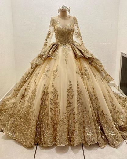 Gorgeous Glittering Golden Beaded Sweet 16 Quinceanera A-Line Floor-length Prom Dress Birthday Dress Evening Dress Ball Gown HZ1024