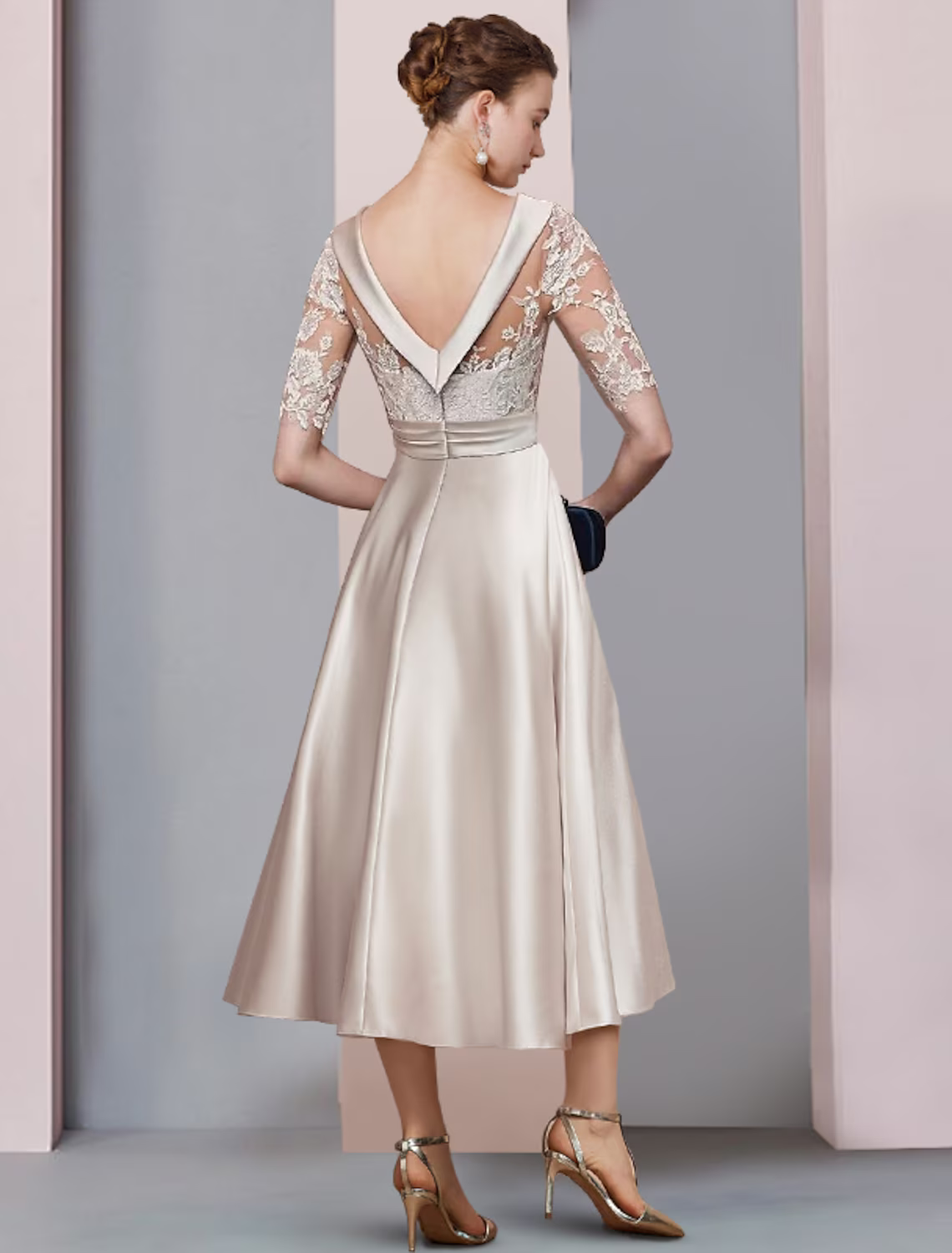 A-Line Mother of the Bride Dress Wedding Guest Vintage Elegant Scoop Neck  Satin Lace Half Sleeve with Ruched Appliques