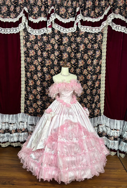 Vintage Pink Satin Tulle 3D Flowers Off-the-shoulder Sweet 16 Quinceanera A-Line Evening Dress Ball Gown HZ1024