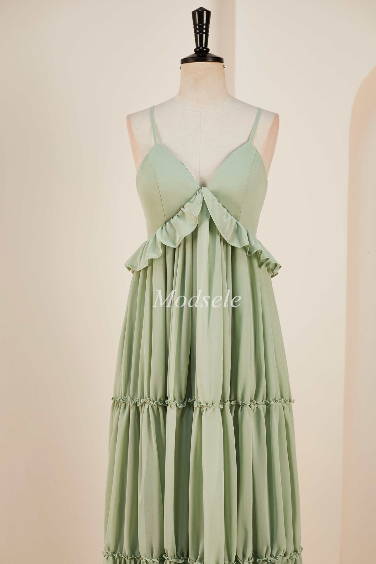 Dusty Sage V-Neck Ruffle A-Line Long Dress with Spaghetti Straps