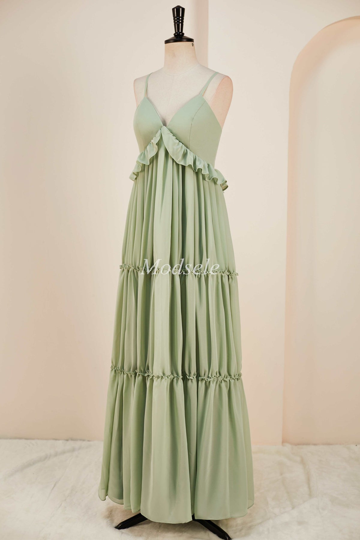 Dusty Sage V-Neck Ruffle A-Line Long Dress with Spaghetti Straps