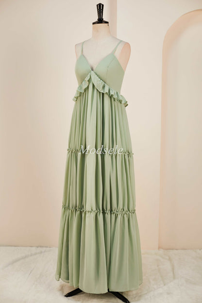 Dusty Sage V-Neck Ruffle A-Line Long Dress with Spaghetti Straps