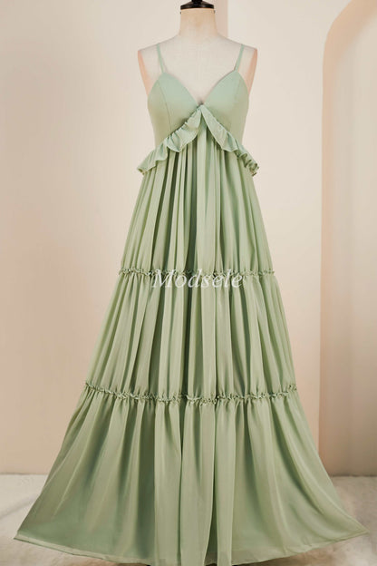 Dusty Sage V-Neck Ruffle A-Line Long Dress with Spaghetti Straps