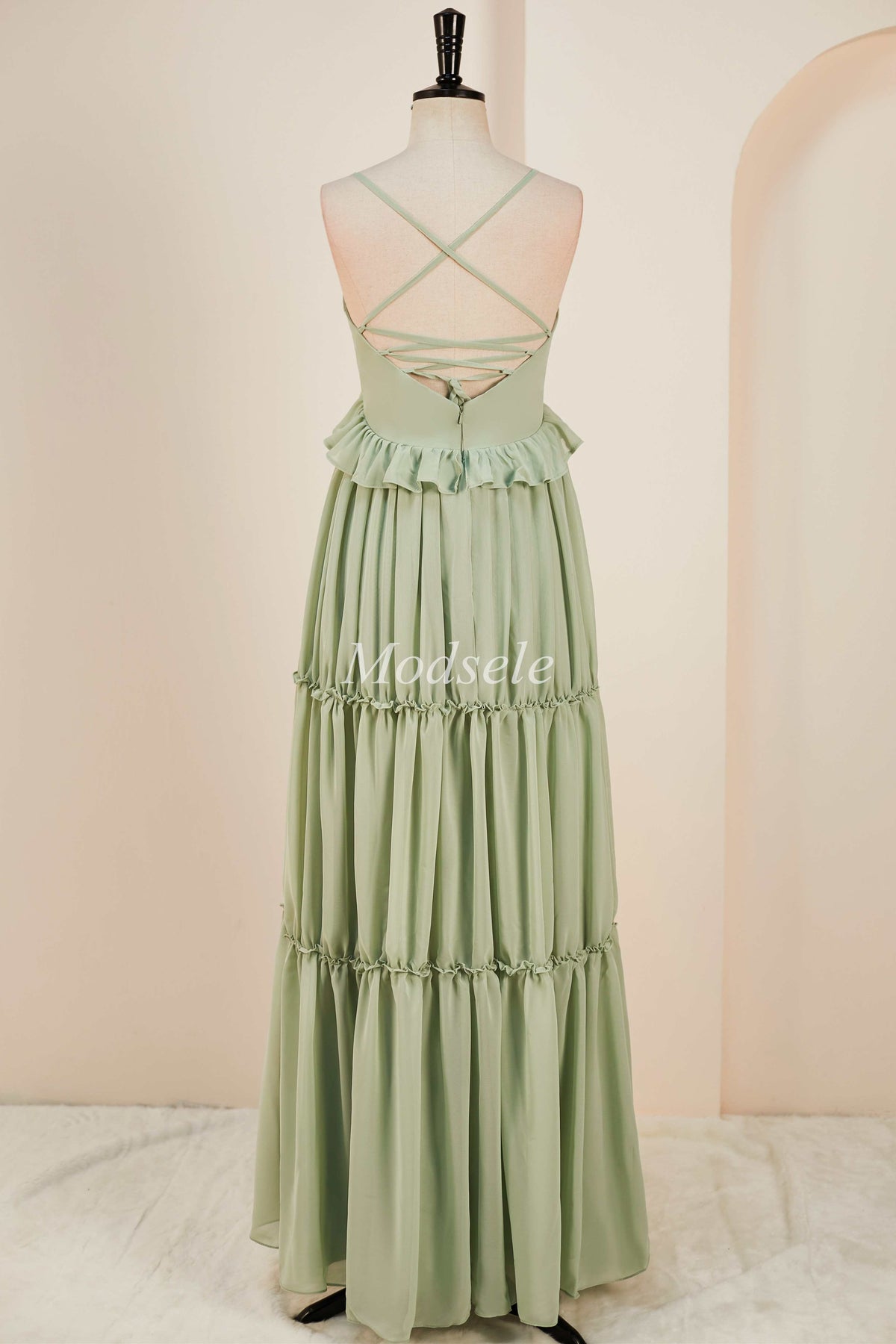 Dusty Sage V-Neck Ruffle A-Line Long Dress with Spaghetti Straps