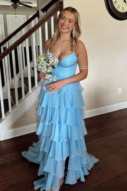 Light Blue Straps Ruffle A-Line Long Prom Dress with Slit