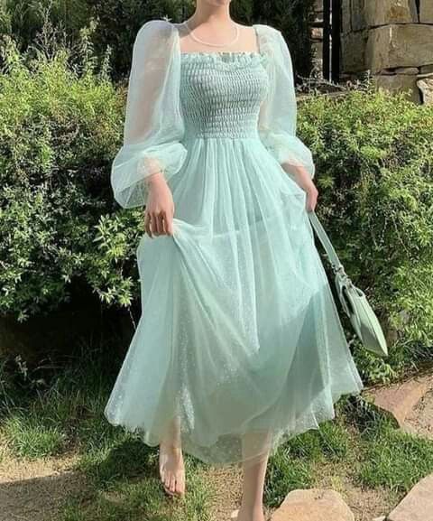 Light green skirt hollow French super fairy puff sleeve polka dot mesh dress sexy party dress cc292