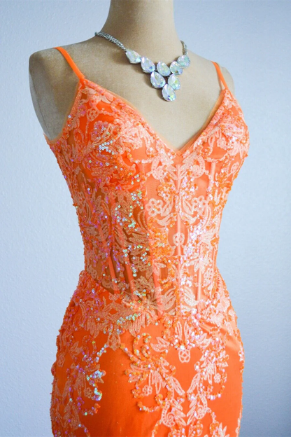 Orange Mermaid Spaghetti Straps Sequins Applique Long Prom Dress  cc1002