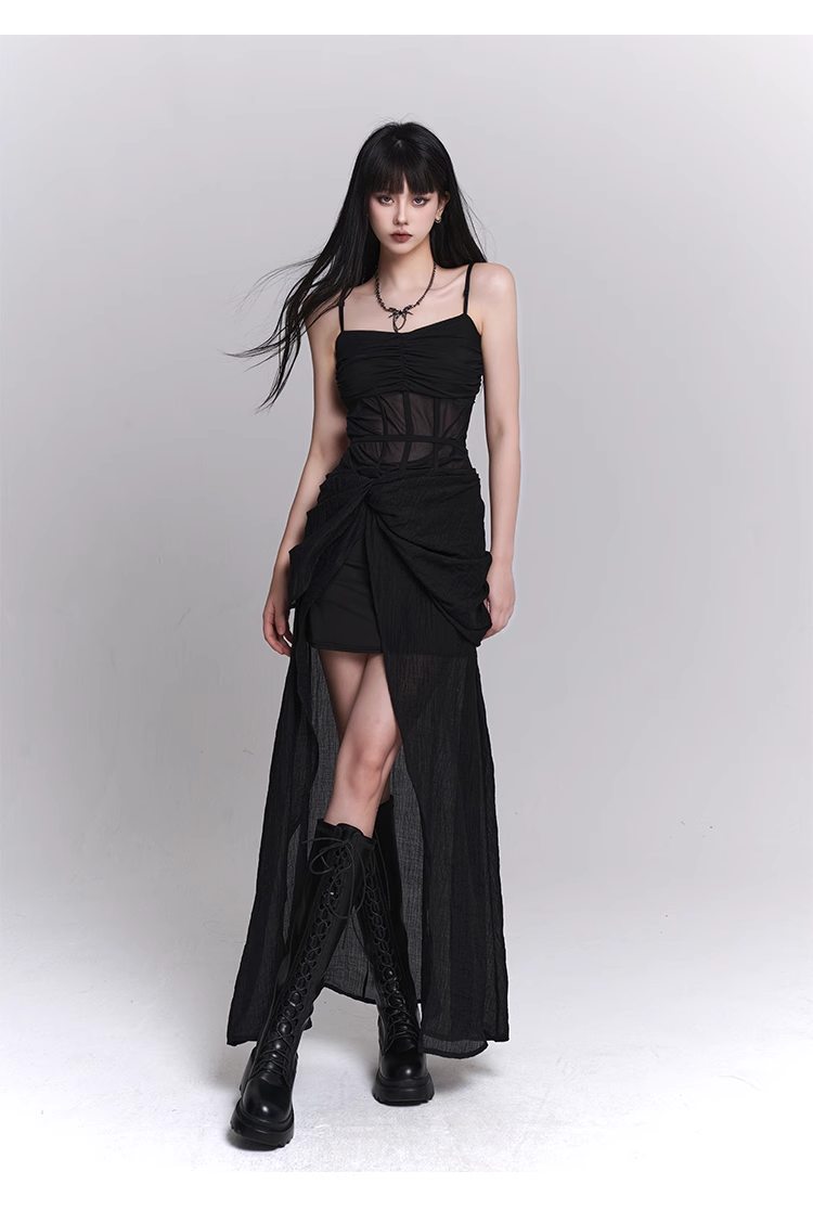 New Fashion Black Chiffon Spaghetti Strap Prom Dress Evening Dress HZ1024