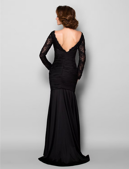 Mother of the Bride Dress Beautiful Back Lace Jersey Long Sleeve with Lace Ruched Beading