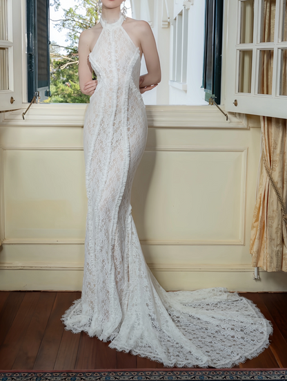 Elegant Lace Mermaid Evening Gown Halter-neck Party Dress Lace-up Long Formal Dress HZ1024