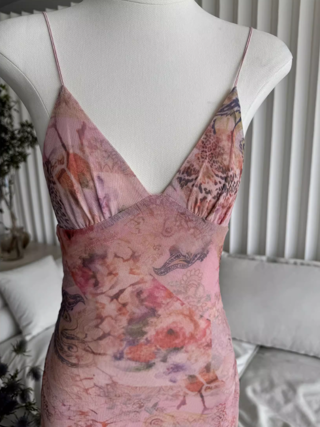 Sweet Spaghetti Strap V-neck Backless Design Floral Print A-line Women Dress HZ1024