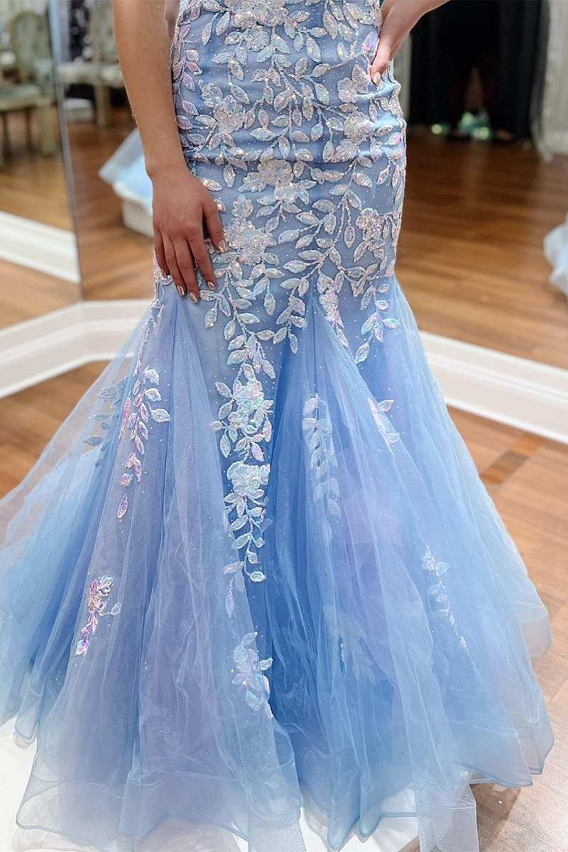Black Tulle Applique Plunge V Trumpet Long Prom Dress