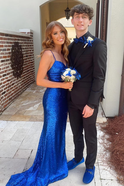 Royal Blue Sequin Keyhole Straps Mermaid Long Prom Dress with Slit