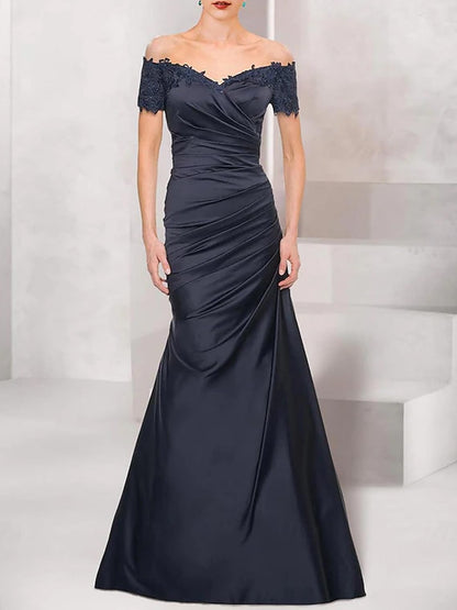 Mermaid Bride Mom Dress Wedding Guests Elegant Retro Off Shoulder V-neck Satin Lace Ruffles 2025