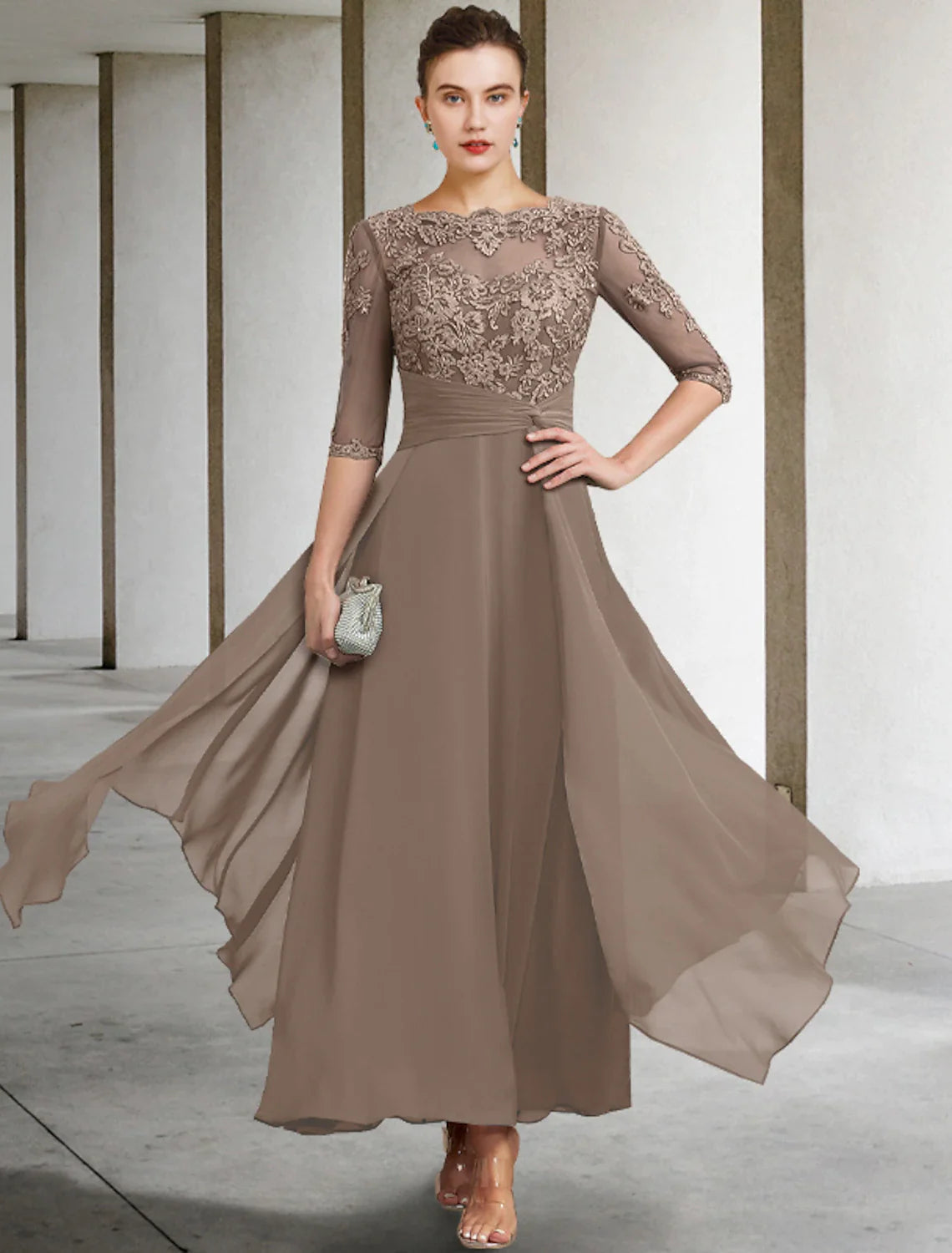 A-Line Mother of the Bride Dress Wedding Guest Elegant Plus Size Jewel Neck Ankle Length Chiffon Lace Half Sleeve