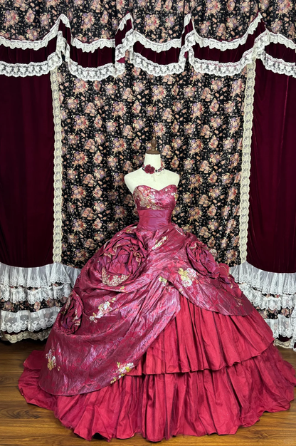 Elegant Burgundy Floral Satin Sweet 16 Quinceanera A-Line Strapless Sweetheart Evening Dress Long Ball Gown HZ1024