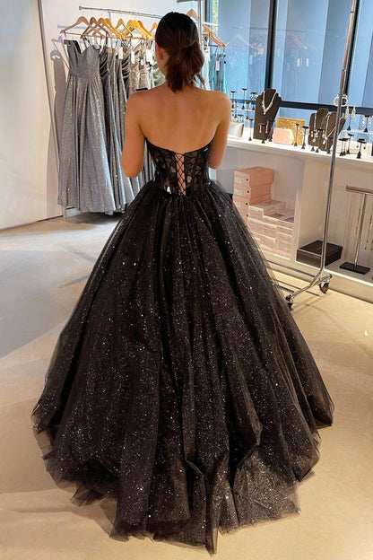 Princess Black Cut Glass Mirror Sweetheart A-Line Long Prom Gown