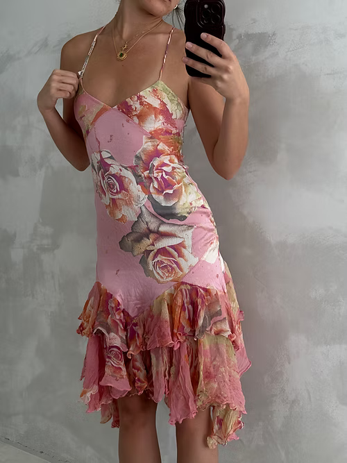 Pretty Pink Satin Print Floral Midi Party Gown Evening Dress cc2859