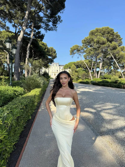 Simple Light Yellow Mermaid Boned Corset Satin Long Prom Dress Evening Dress cc5598