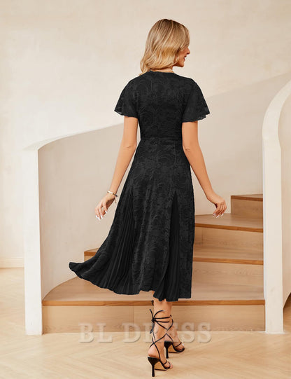 A Line V-Neck Lace Short Sleeve Pleated formal dresses Bridesmaid Dresses evening gown Prom Dress
