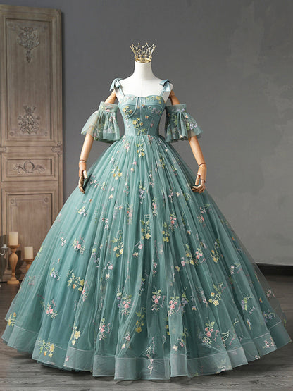 Green Floral Tulle Long Prom Dress Cute Off Shoulder Evening Party Dress Beautiful