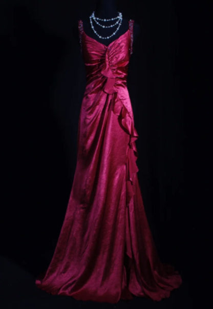 Vintage Fuchsia Satin Beaded Evening Gown Sheath Ruffled Party Dress Long Formal Dress HZ1024