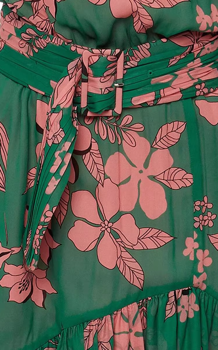 Fashion Green Floral Asymmetric Ruffled Hem Design A-line Party Dress HZ1024