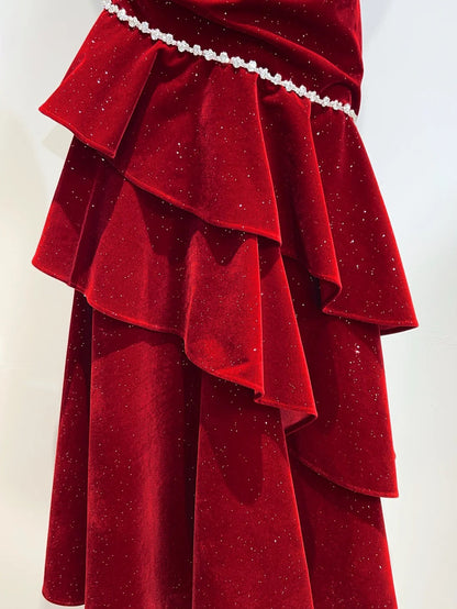 Vintage Burgundy Mermaid Spaghetti Strap Ruffle Velvet Prom Dress Evening Dress cc5281