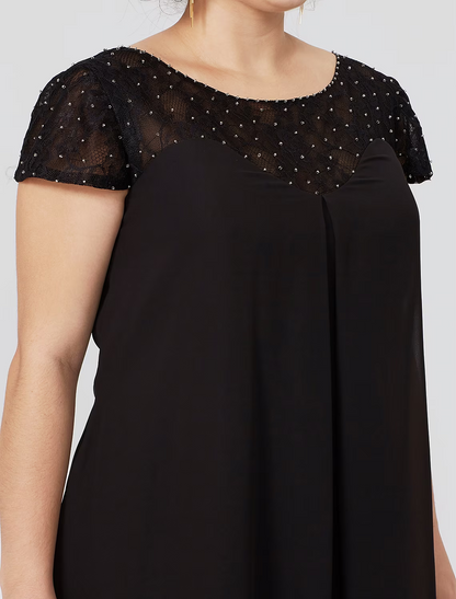 Mother of the Bride Dress Formal Little Black Dress Plus Size Knee Length Chiffon Lace Short Sleeve No with Pleats Beading Lace Insert