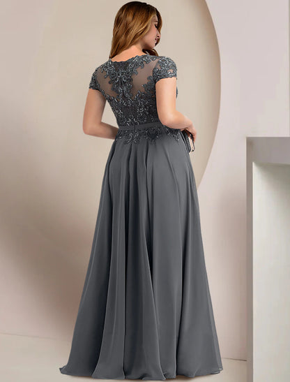 Mother of the Bride Dresses Plus Size Curve Hide Belly Wedding Guest Party Elegant Jewel Neck Floor Length Chiffon Lace Short Sleeve