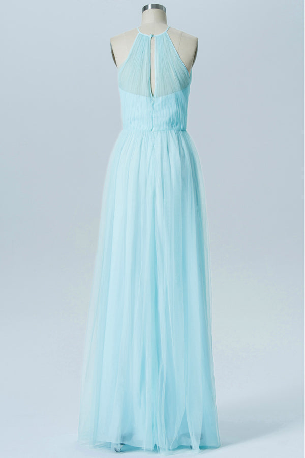 Light Blue Halter Sweetheart Tiered Bridesmaid Dress