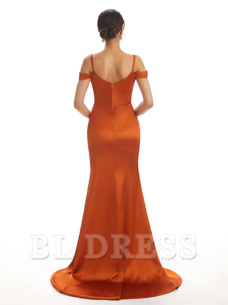 Mermaid Off The Shoulder Satin formal dresses evening gown Bridesmaid Dresses With Side Slit
