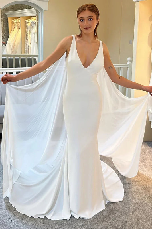 Plunge V Mermaid Long Wedding Dress with Detachable Cape