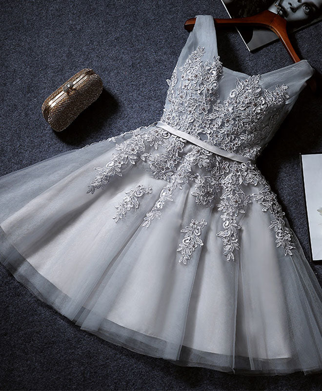 Vintage Gray Applique Design A-line Tulle Party Dress Homecoming Dress HZ1024