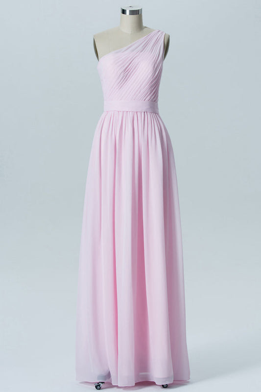Pink Chiffon One-Shoulder Banded Waist Bridesmaid Dress