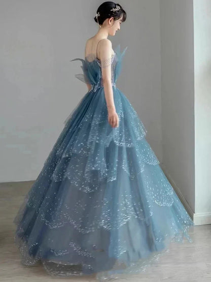 Vintage Blue Beaded Design Elegant A-Line Chiffon Tulle Evening Dress Prom Dress HZ1024