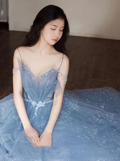 Blue gorgeous tulle beaded long A-line ball gown evening dress gh2105